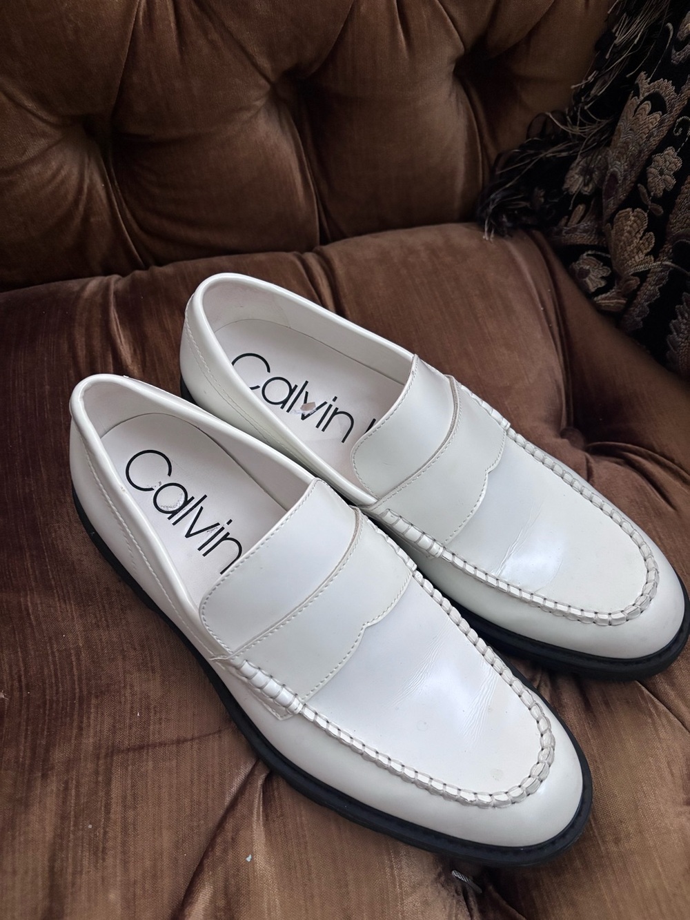 Calvin Klein Men’s White Leather Penny Loafers with Black Sole